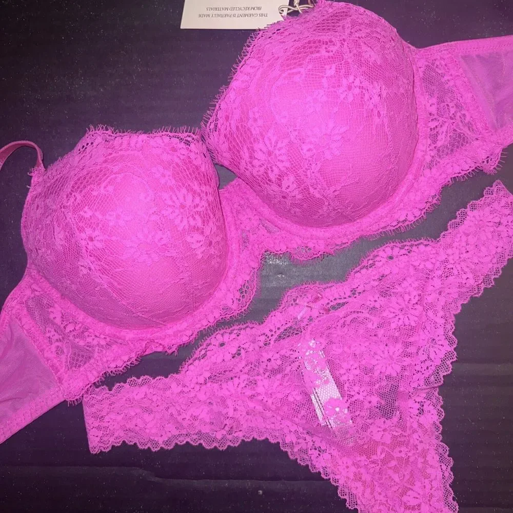 Victoria's Secret 32DD BRA SET S thong BANY PINK LACE DREAM ANGELS lined Demi - Picture 2 of 3